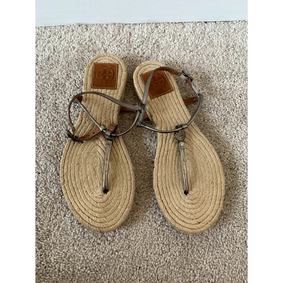 Tory Burch Adjustable Silver Jute Strappy Sandals Size 8 - Picture 2 of 7